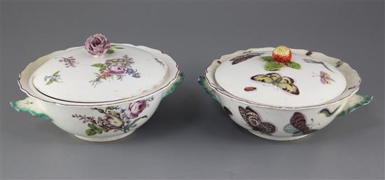 Two Chelsea ecuelles and covers, c.1755, diam. 17cm and 17.5cm, restorations and damage